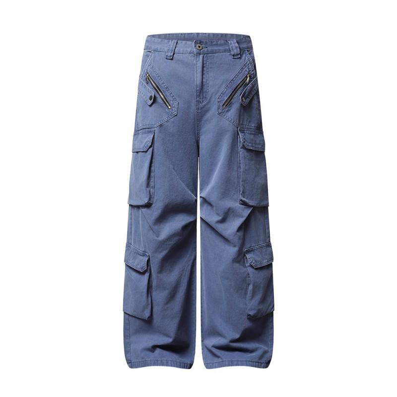 Mens Streetwear Cargo Pants - Relaxed Wide Leg Multi-Pocket Washed Vintage Style