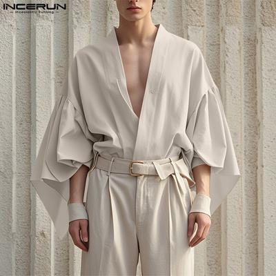 Men V Neck Irregular Flare Sleeve V Neck One Button Casual Loose Cardigan Tops