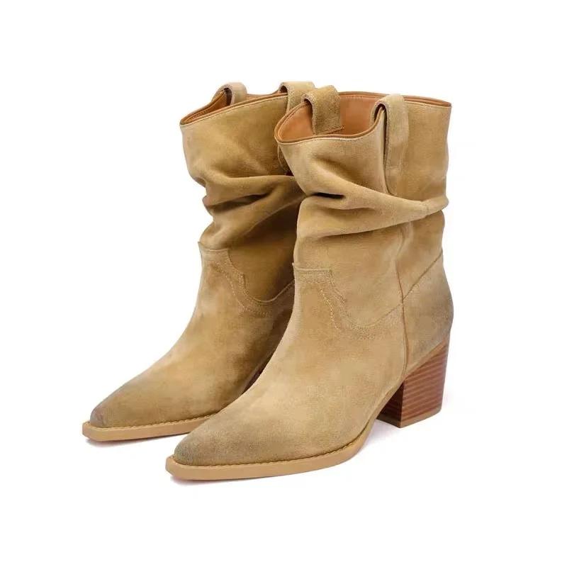 New Fashion Western Cowboy Boots Pointed Pleated V-mouth Thick Heel Medium Tube Short Boots