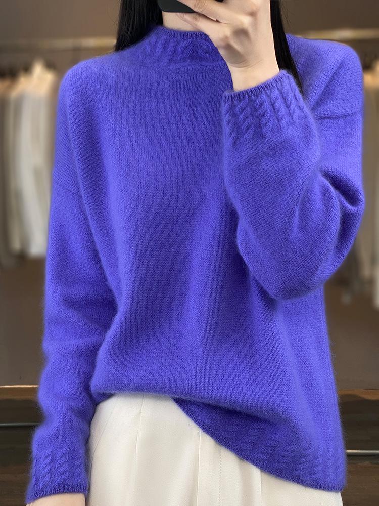2025 Women's Korean Style Pure Wool Sweater - Half-High Collar, Warm, Loose Fit, Drop Shoulder Cashmere Knit.