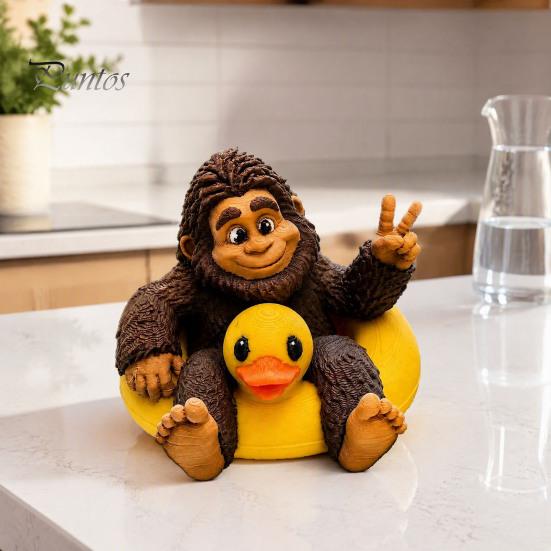 Small Collectible Ornament Sasquatch And Duck Figurine, on Swimming Ring Statue, Lifelike Resin Statue Funny Animal for Home Tabletop Shelf