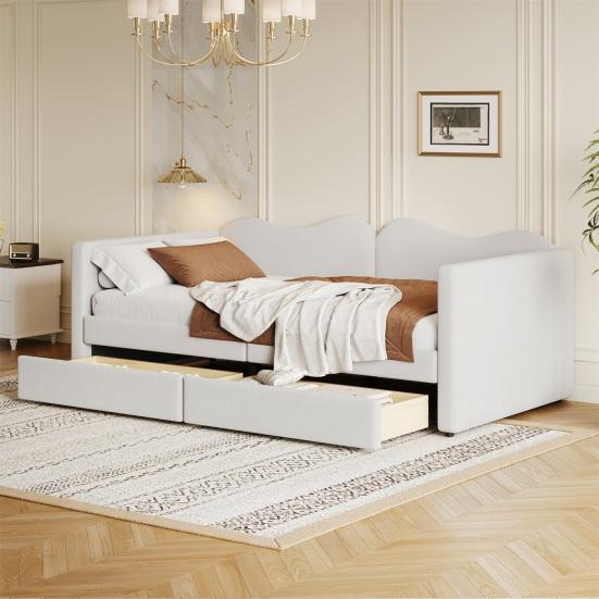 Fabric Cover Upholstered Bed with 2 Drawers Headboard Backrest Armrests Strong Wood Slat Support Bed Home Furniture