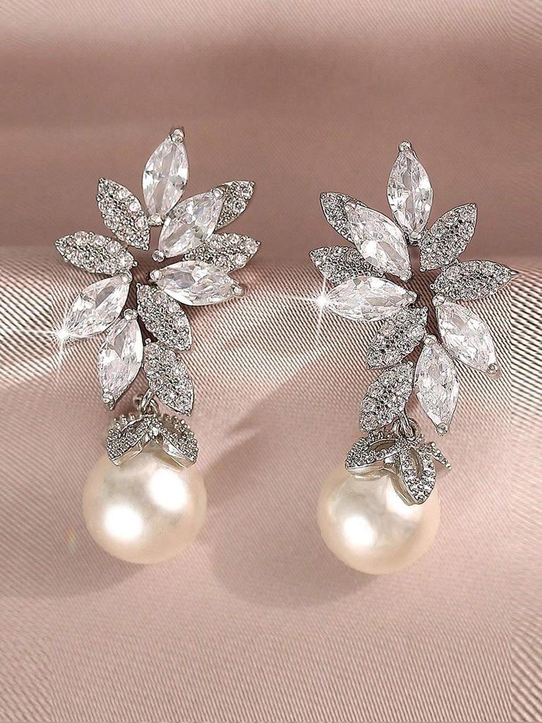 Silver Flower Zirconia Pearl Dangle Earrings for Women