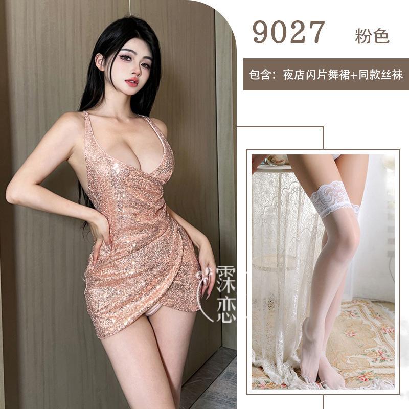 Sex Underwear Sexy Deep V Sequins Royal Sister Pure Desire Suspender Skirt Breast Free Evening Dress Nightclub Suit
