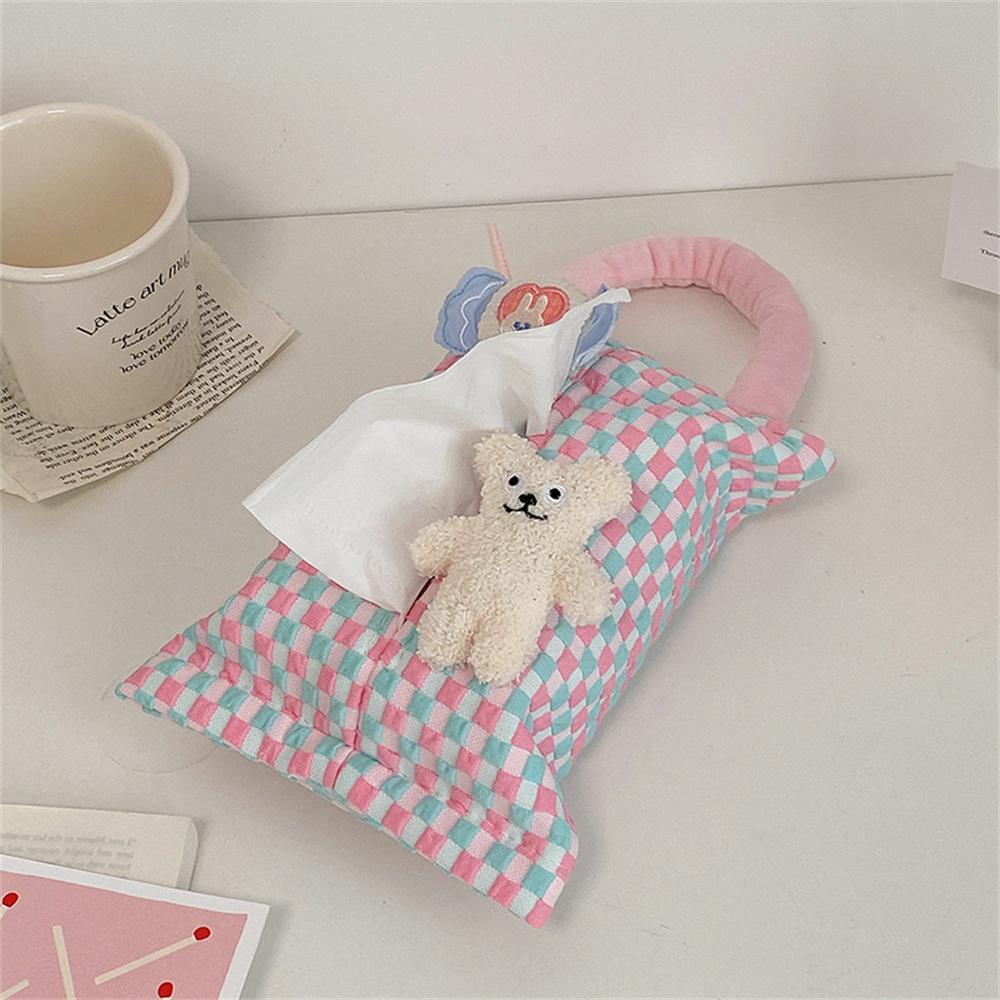 Pink Plaid Fabric Tissue Box Portable Hanging Tissue Case Living Room Container Home Car Towel Napkin Holder Home Decoration