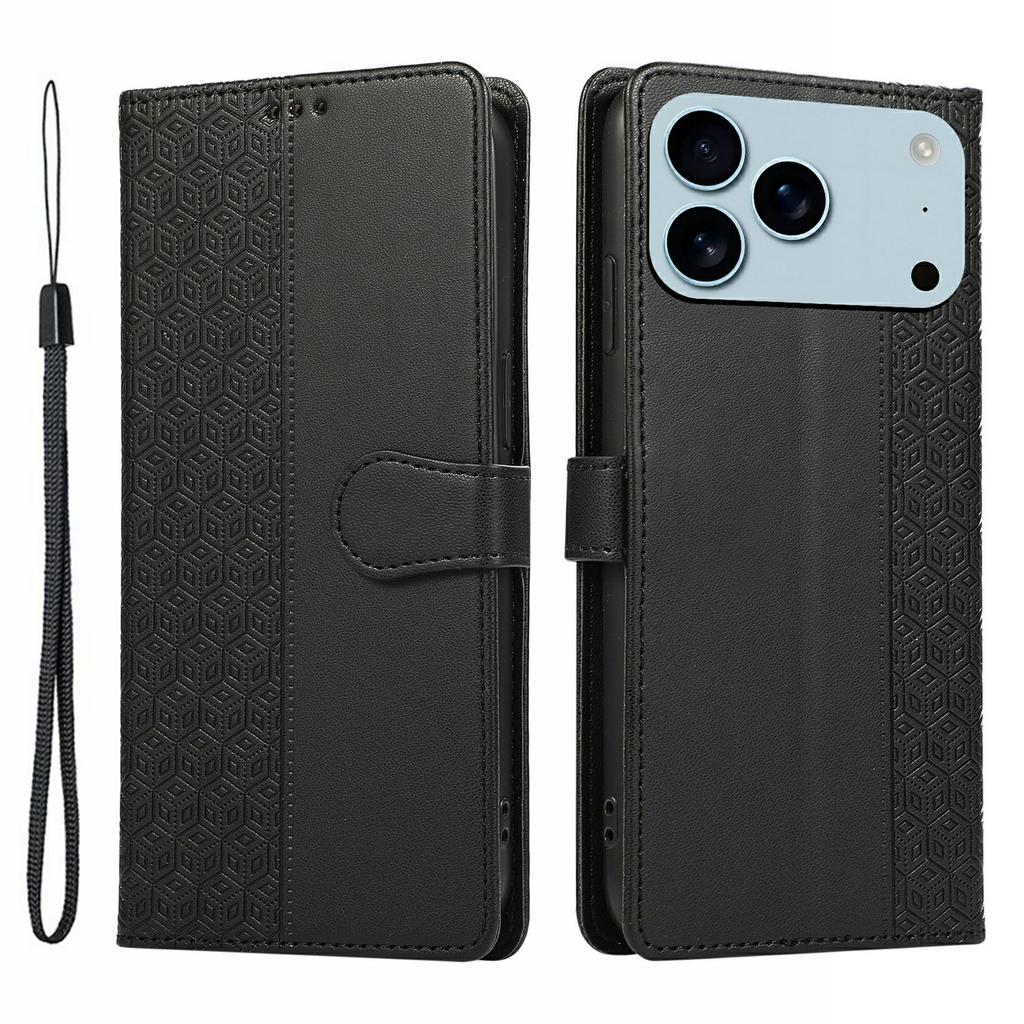 For iPhone 17 Pro Case Splicing Imprinted Rhombus Leather Phone Cover with Wrist Strap