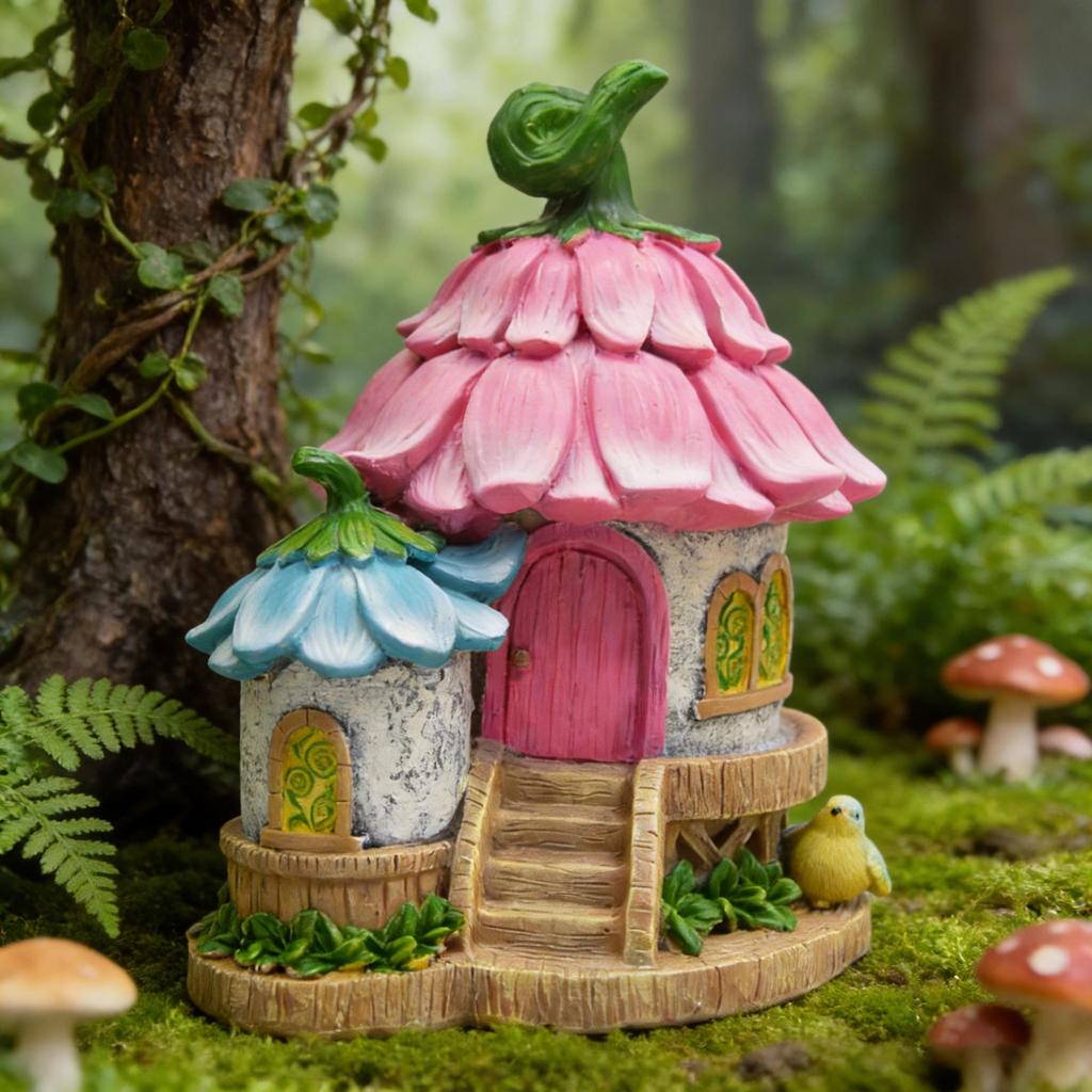 Pink Petal Fairy House Resin Ornament for Garden and Desktop Decor