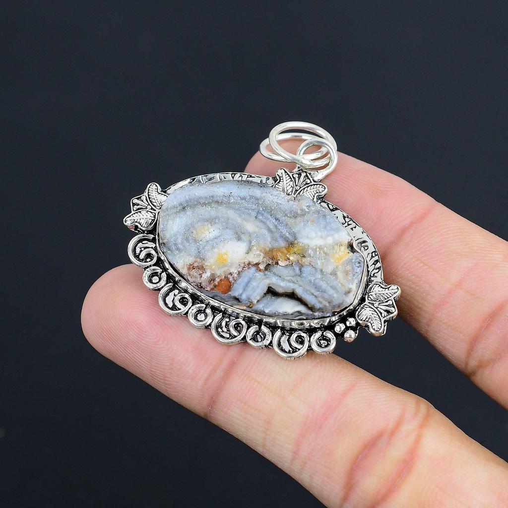Natural Geode Agate Druzy Gemstone Pendant 925 Sterling Silver Indian Jewelry