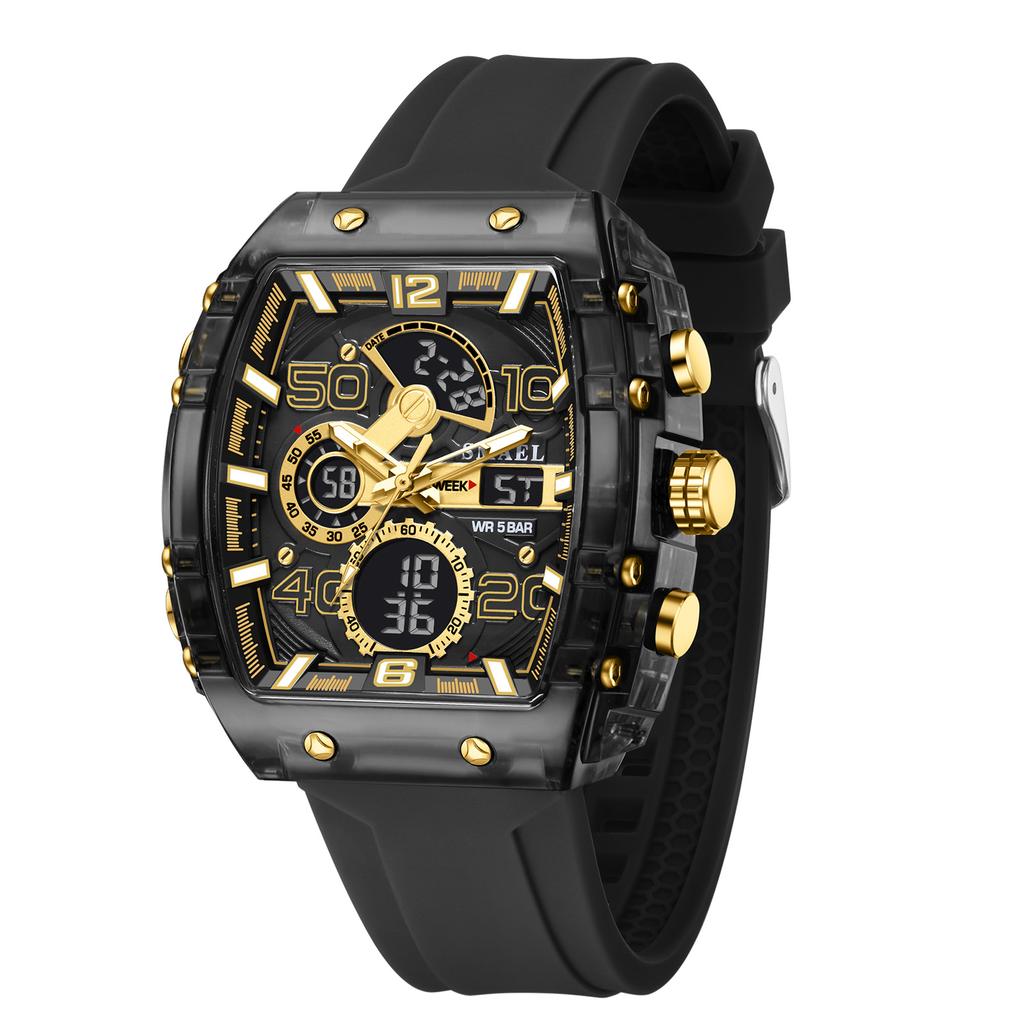 8109 New Men's Square Dual Display Sport Watch - 50M Waterproof Luminous Alarm Chrono Dual Time Multi-Color Silicone Strap