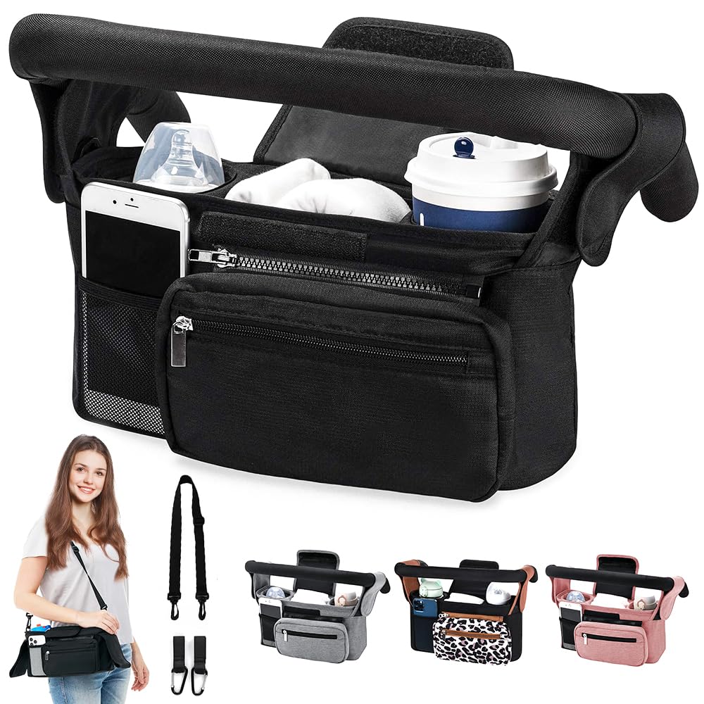 

HEARTST Stroller Bag, Large Capacity, Drink Holder, Diaper Pouch, Bottle Holder, Smartphone Holder, 2 Stroller Hooks (Black)