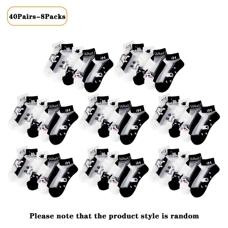 5-40Pairs Summer Black and White Cat Glass Fiber Breathable and Sweat Absorbing Women's Short Stockings Durable and Comfortable