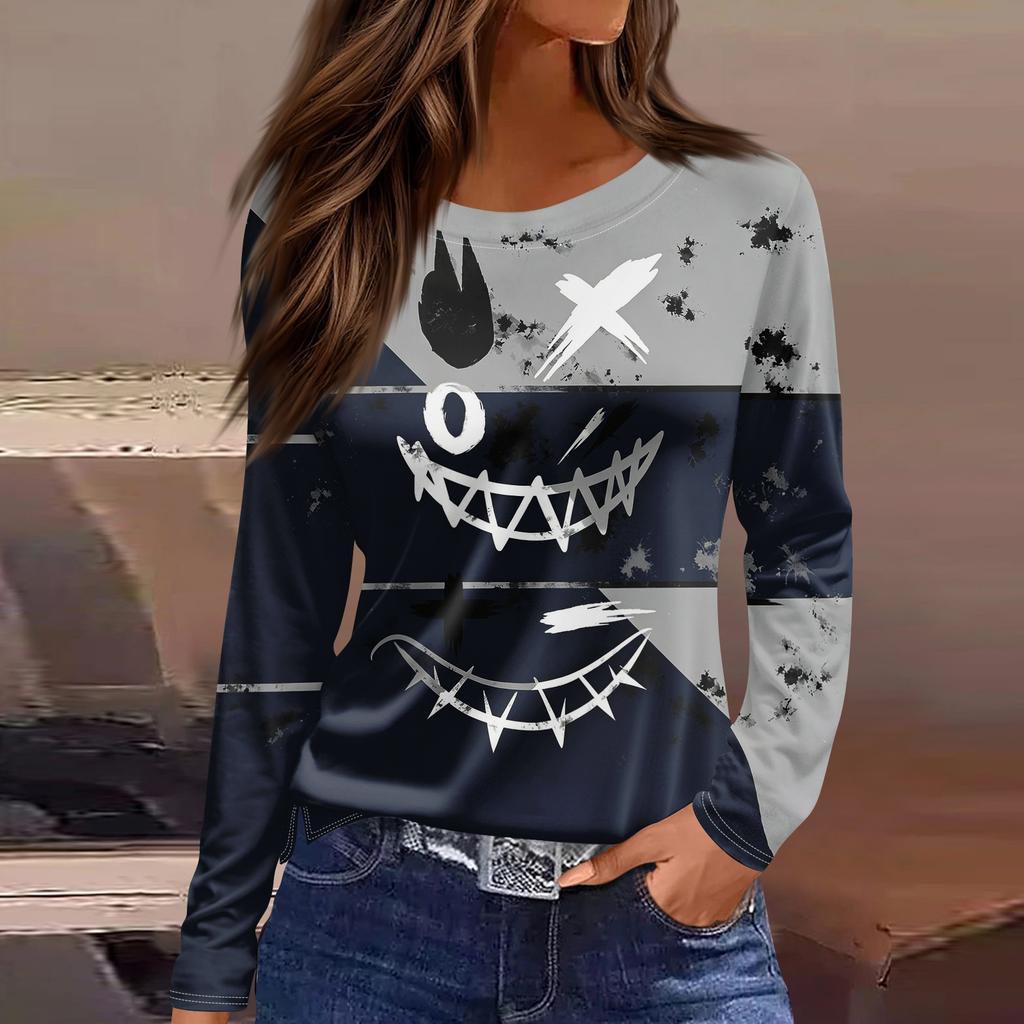 Women's Halloween Print Long Sleeve Top with Round Neck and Hem Slit for Casual Party Wear