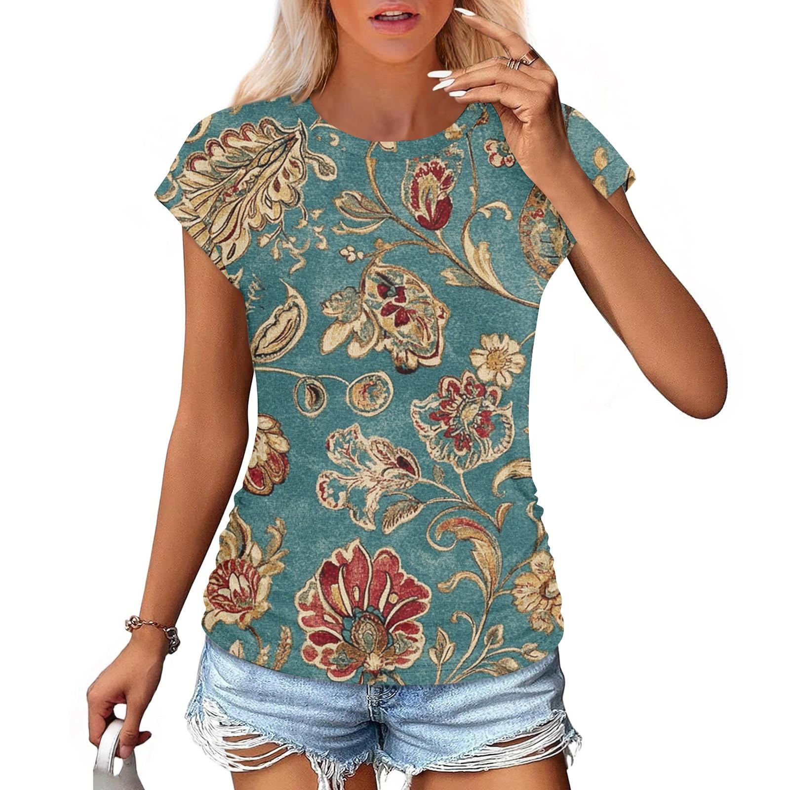 Women s Fashion Casual Slim Tie Waist Covered Sleeve Round Neck Vintage Printed T-Shirt Top L