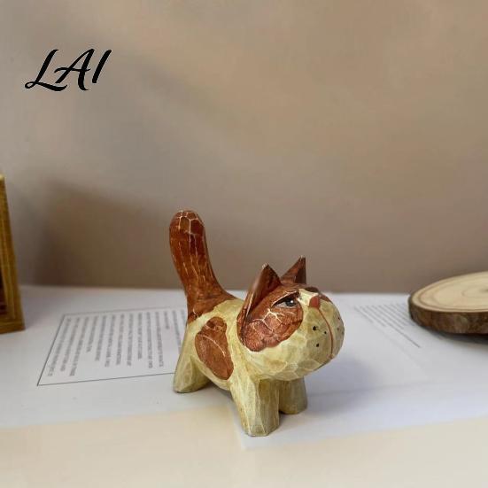Handmade Wood Cat Ornaments Tabby Figurine with Painting Hand Carved Basswood Retro Style Wooden Animal Sculptures Statue Art Ornament for