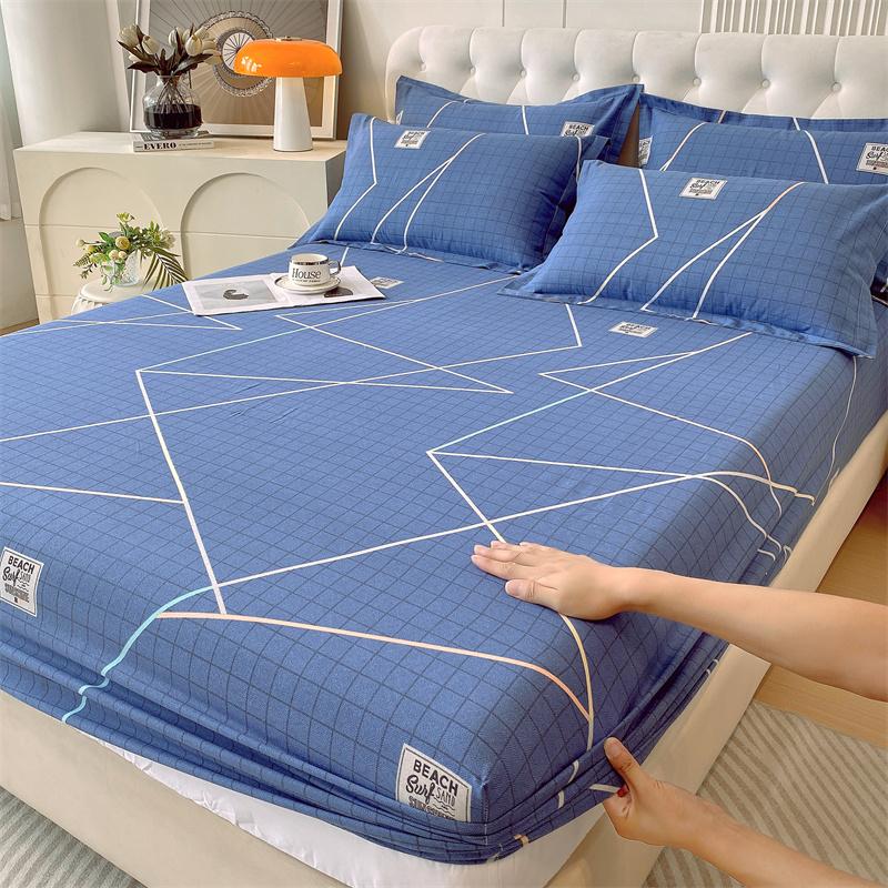 Classic Floral Pattern Fitted Sheet Set 100% Cotton Thickened Fitted Sheet Soft Skin-friendly Mattress Cover with 2 Pillowcases