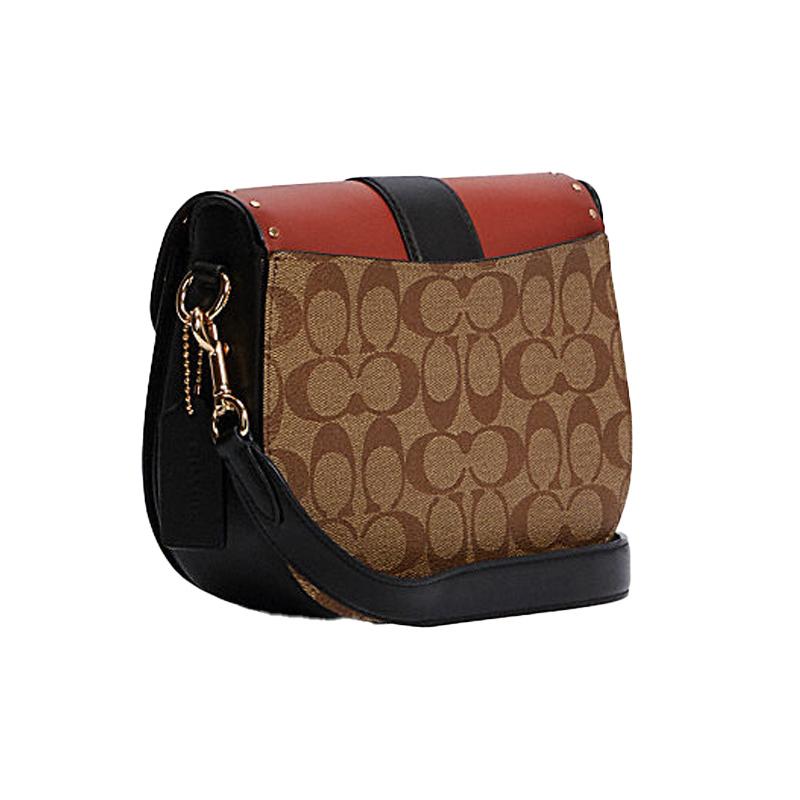 Coach Georgie 21 Carriage Color Matching Rivets Leather Saddle Bag Shoulder Crossbody Bag Small Size Women's Black with Reddish Brown