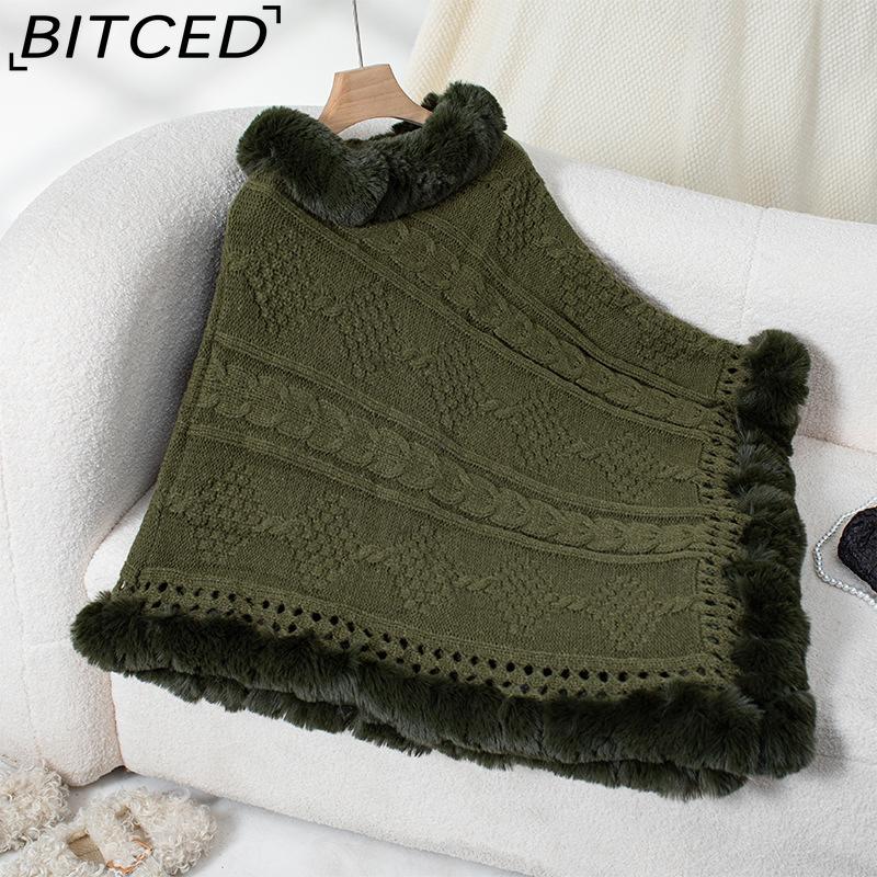 

BITCED Объемное осенне-зимнее теплое кейп-пончо с воротником из искусственного кроличьего меха, вязаное толстой косой One size армия зеленый