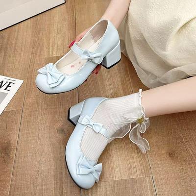 Cute Girl Sweet Round Head Small Leather Shoes Middle Heel Autumn and Summer New Original Lolita Lolita Bow