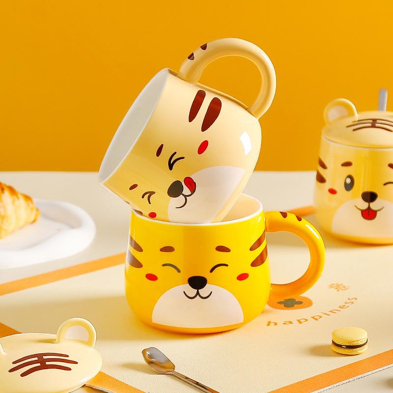 Cartoon Super Cute Little Tiger Mug Tiger Year Ceramic Water Cup with Lid and Spoon Home Office Breakfast Coffee Cup
