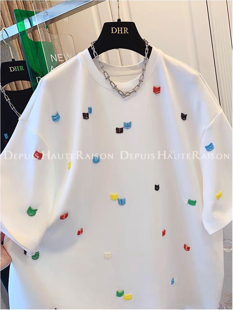 Women's Summer Loose Fit Korean Embroidered T-Shirt - Unique Straight Shoulder Short Sleeve Top