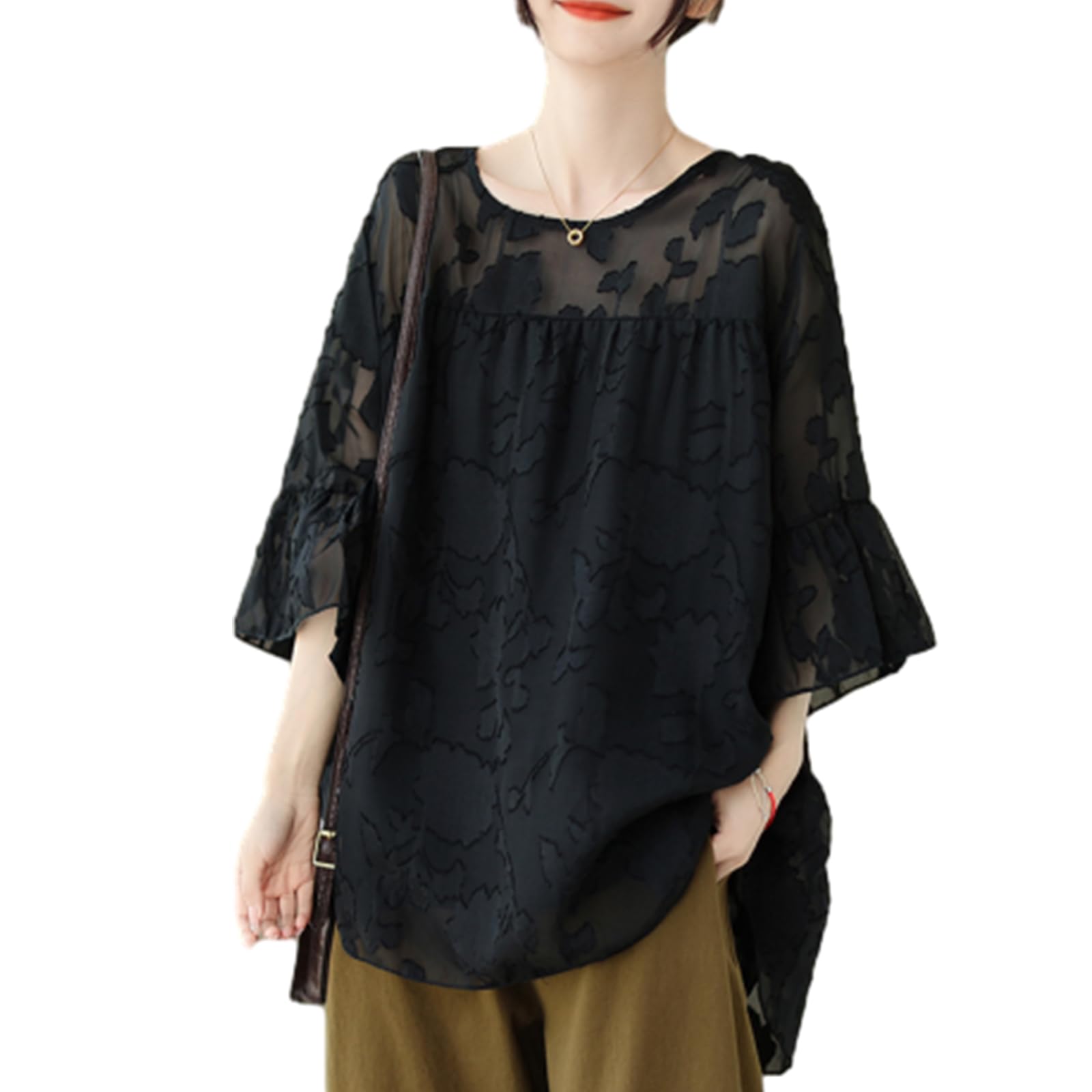 

Short Sleeve Crew Neck Blouse with Floral Summer Plus Spring Office [CCGGOWMM] Women s Print, Top, Elegant, Lined, Sizes, Clothes, Stylish, Slimming,