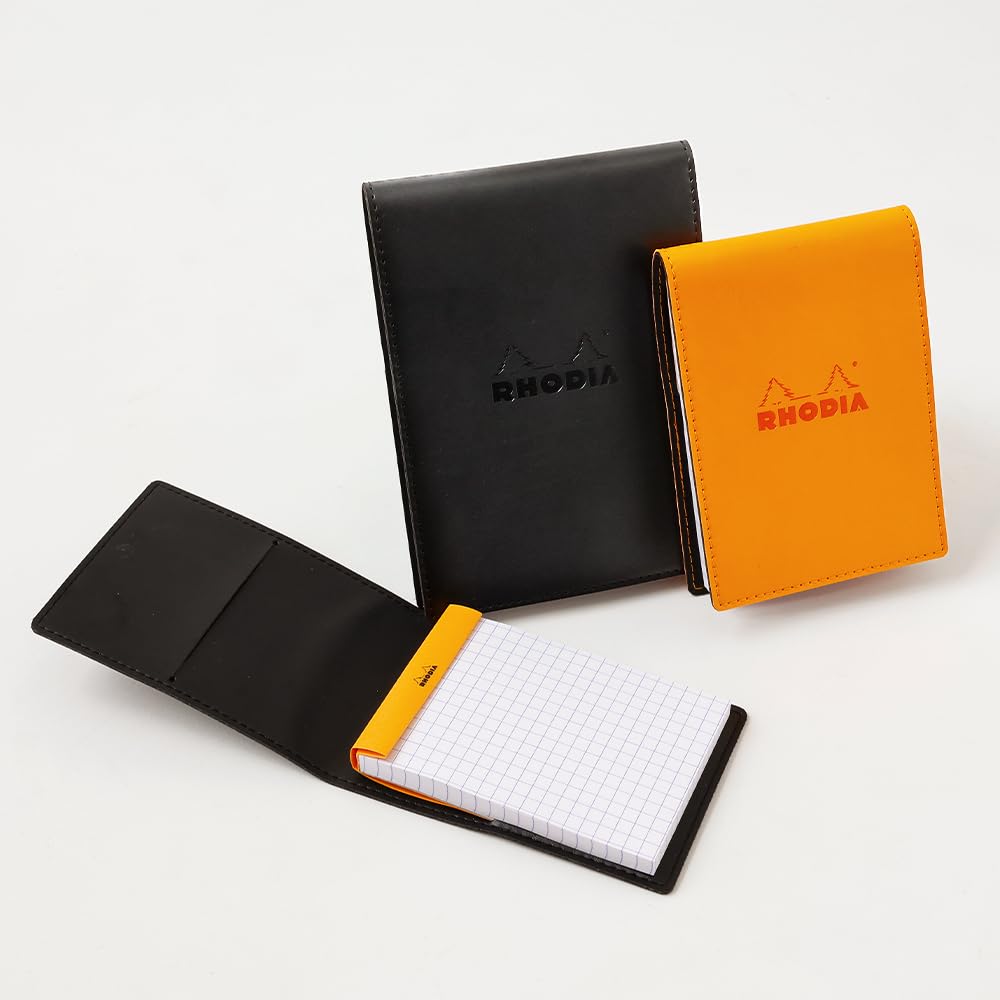 Rhodia No. 11 Notepad with Cover (A7), PU Leather, Black (Block Rhodia No. 11 with Orange, 80 Sheets, 5mm Grid, PEFC Certified) RHODIA Cf11pucvbk