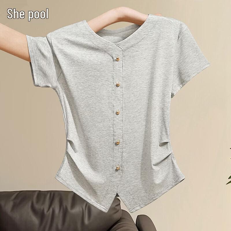 Women s Lyocell Blend Short Sleeve Knitted V-Neck T-Shirt L светло-меланжевый серый
