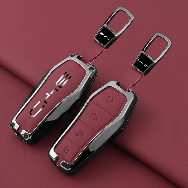 Alloy Leather Car Key Case Cover For Byd Song Plus Atto 3 Han Ev Tang Dm Qin Seal Dolphin Remote Fob Holder Keychain Accessories