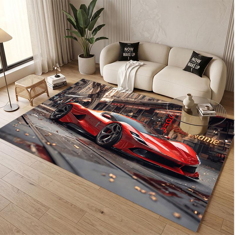 Auto-Rennsport-Thema Weicher Kristall-Samt Teppich Benutzerdefinierter Name & Text Druck Rutschfester Boden Teppich für Schlafzimmer Wohnzimmer