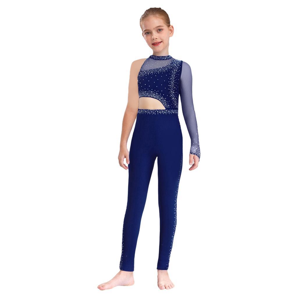 Girls Gymnastics Jumpsuit Sheer Mesh Patchwork Cutout Asymmetrical Design Mock Neck Sparkly Rhinestones Full Body Leotard
