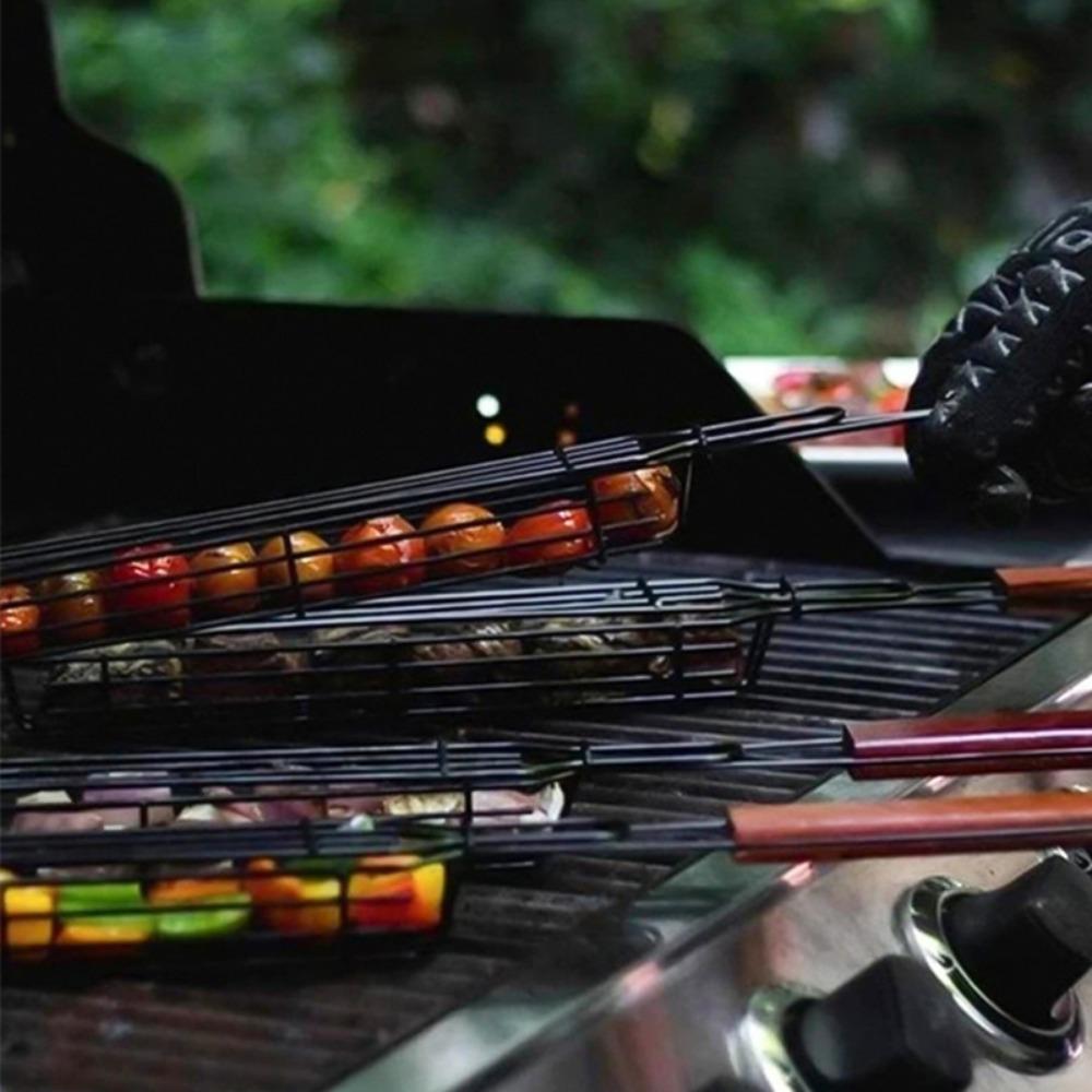 1pcs Nonstick Stainless Steel Kebab Grilling Baskets with Comfort-Grip Wooden Handles Durable Portable BBQ Tools for Outdoor Cooking, Camping.