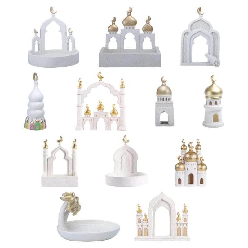Gold and White Mosque Tower Model with Storage Box,Ramadans Eid Home Decors Decorative Ornament for Table Bookshelf