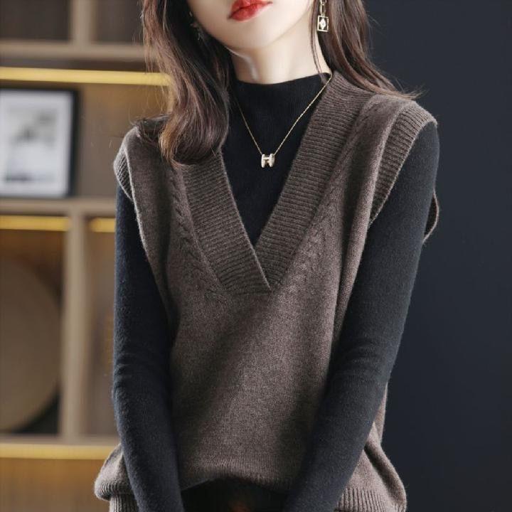 Women's Knitted Vest Spring Autumn V-neck Sleeveless Sweater Short Solid Color Knit Vest