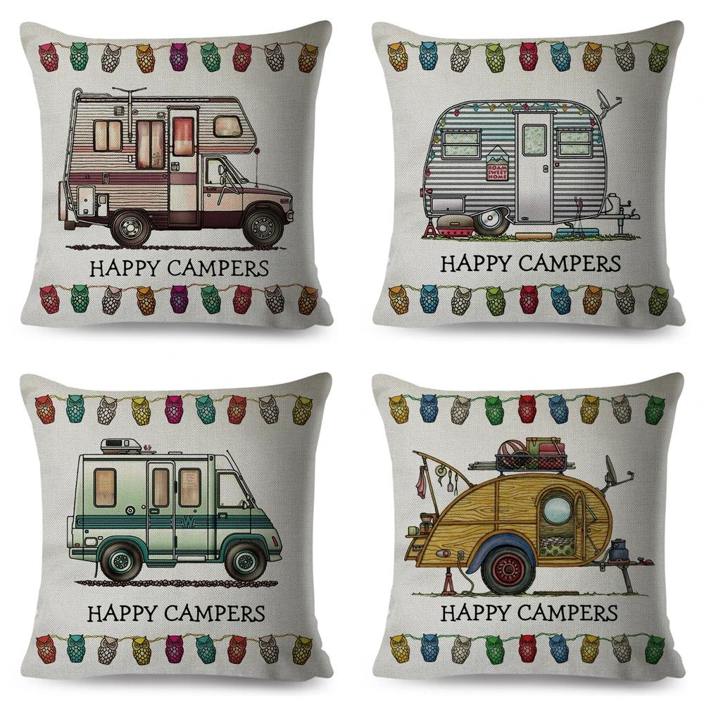 Happy Camper Pillowcase Decor Cartoon Travel Car Printed Pillow Case for Home Sofa Children Room Polyester Cushion Cover 45x45cm