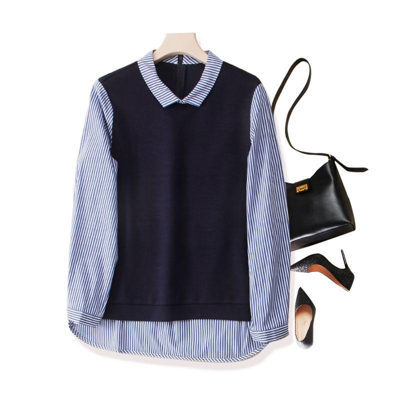 

Художественная свежесть! Женские рубашки-пуловеры из воздушного хлопка с длинным рукавом и лацканами в морскую синюю вертикальную полоску для осени и зимы, накладная одежда Dark Blue XL