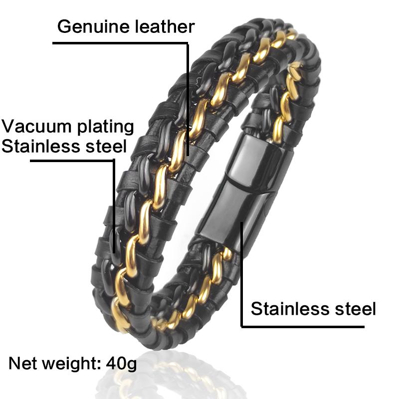 Genuine Leather Chain Bracelet for Men Magnetic Stainless Steel Clasp in Plated Gold Exclusive Jewellery Gift Dropping