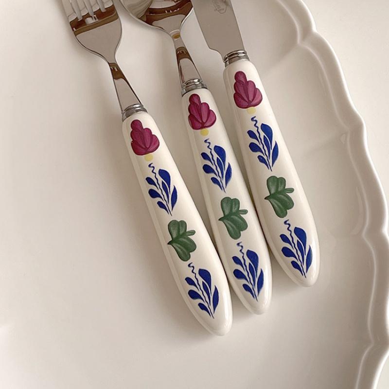 Coltello Cucchiaio Motivo Floreale Retrò Forchetta Acciaio Inossidabile Manico Ceramica Cucchiaino Torta Dessert Forchetta Frutta Set Cucchiaino Caffè