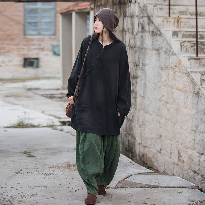 Ramie Cotton Sand-Washed Distressed Women’s Frog Button Top Jacket - Autumn/Winter Chinese Style