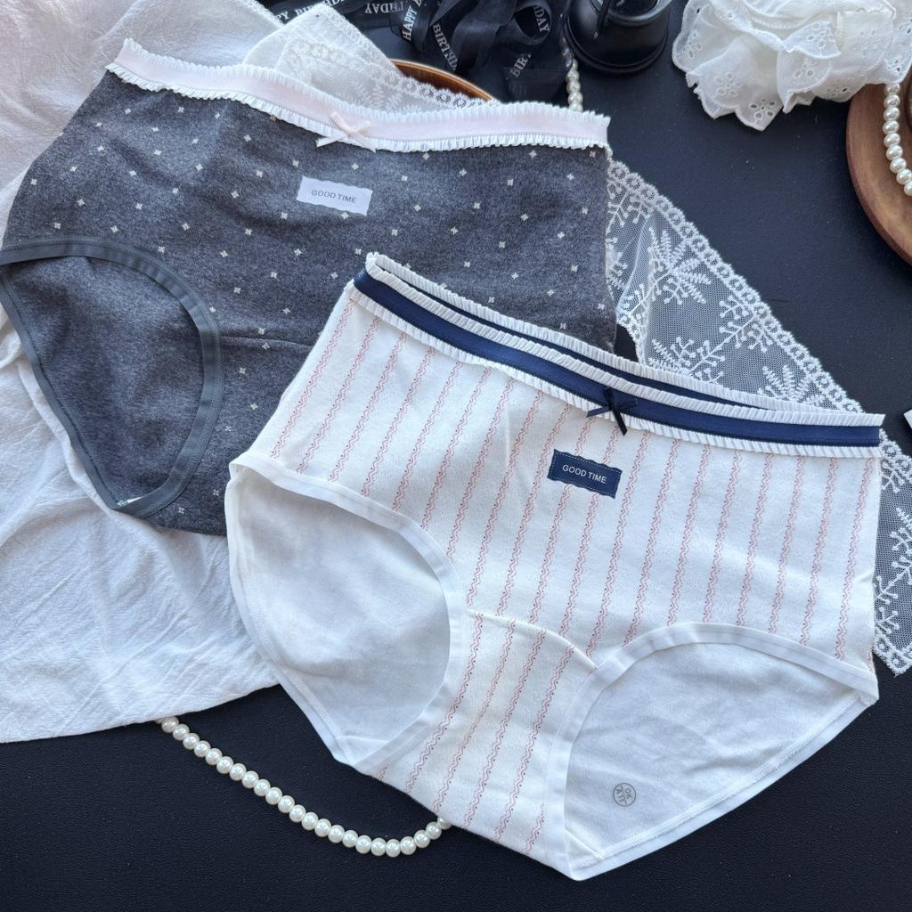 Ladies Summer Sweet Printed Lace Trimmed Striped Cotton Briefs