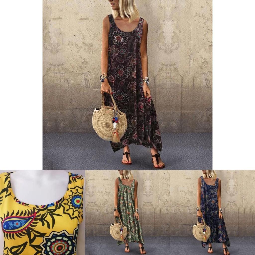 Elegant Womens Summer Sleeveless Holiday Long Boho Kaftan Tank Dress For Beach