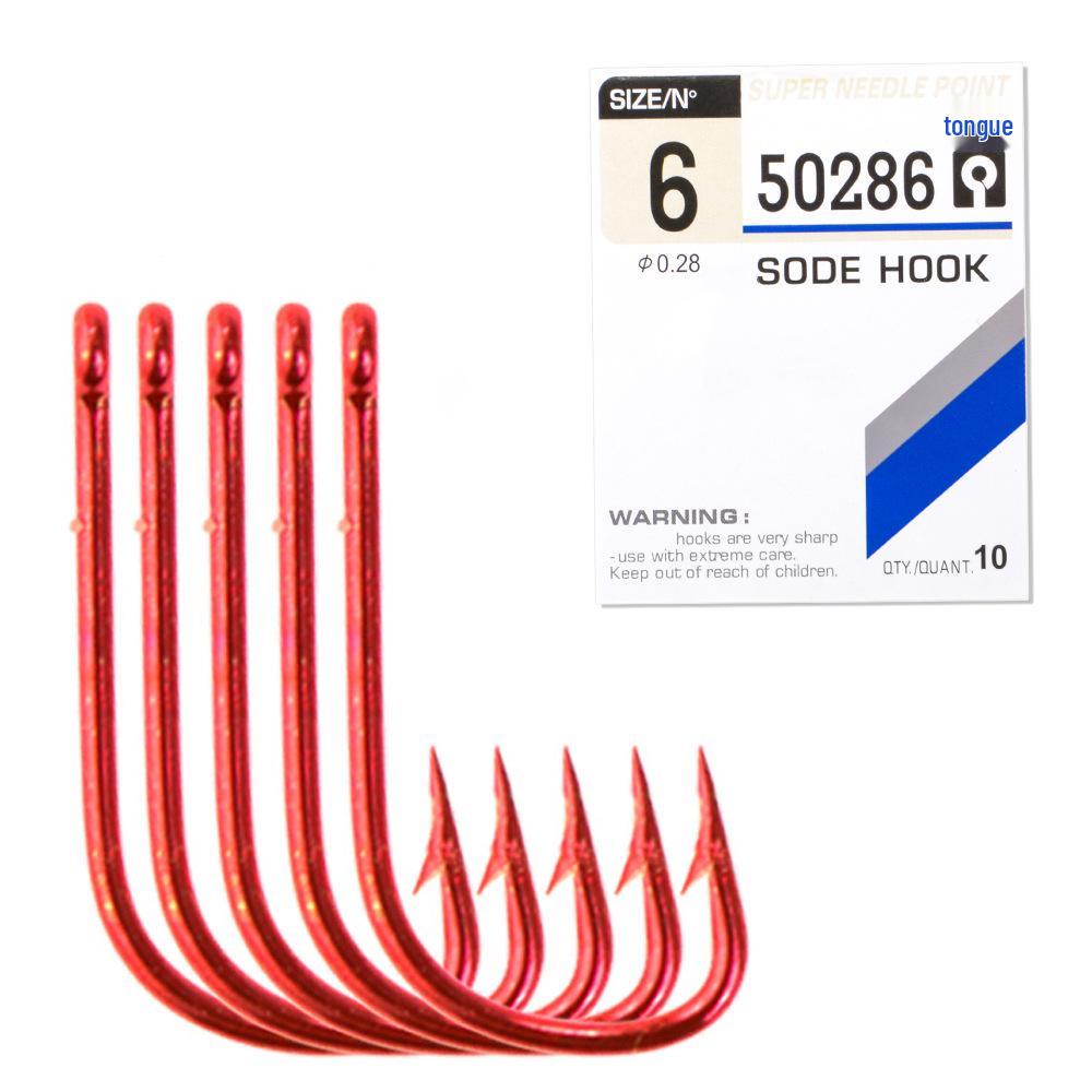 FISHKING Red Tube Ise-ni Fish Hooks with Barbs, 10pcs High Carbon Steel for Sea Fishing