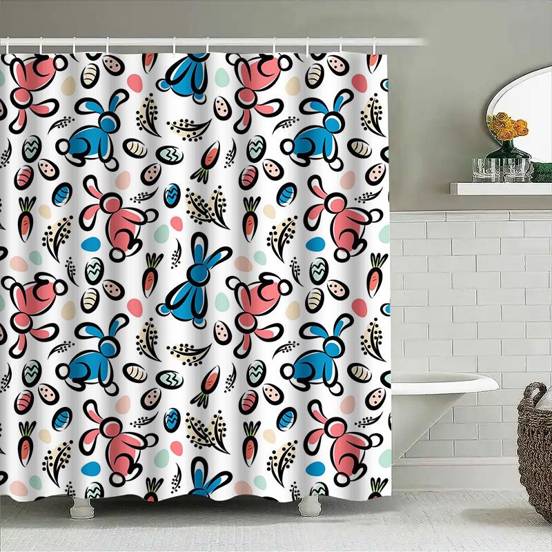 

Bathroom Decor Shower Curtain Modern Cartoon Print With Rabbits In Blue And Pink Colors Waterproof Fabric For Bathrooms W60H190(CM)-1 Pcs