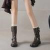 Women's Retro Martin Boots, Round Toe, Autumn/Winter, Metal Accent, Ankle-Length, Cowboy Style, Thick Sole.