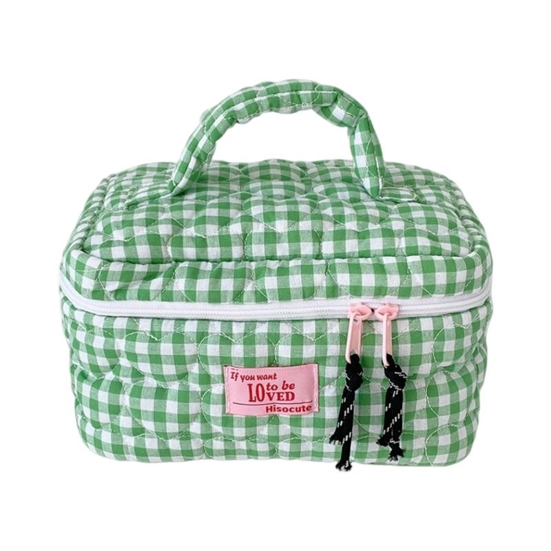 For Travel And Gym Use Convenient Hand Carry Plaids Cosmetic Storage Bag Large Capacity Quilted Heart Embroidery