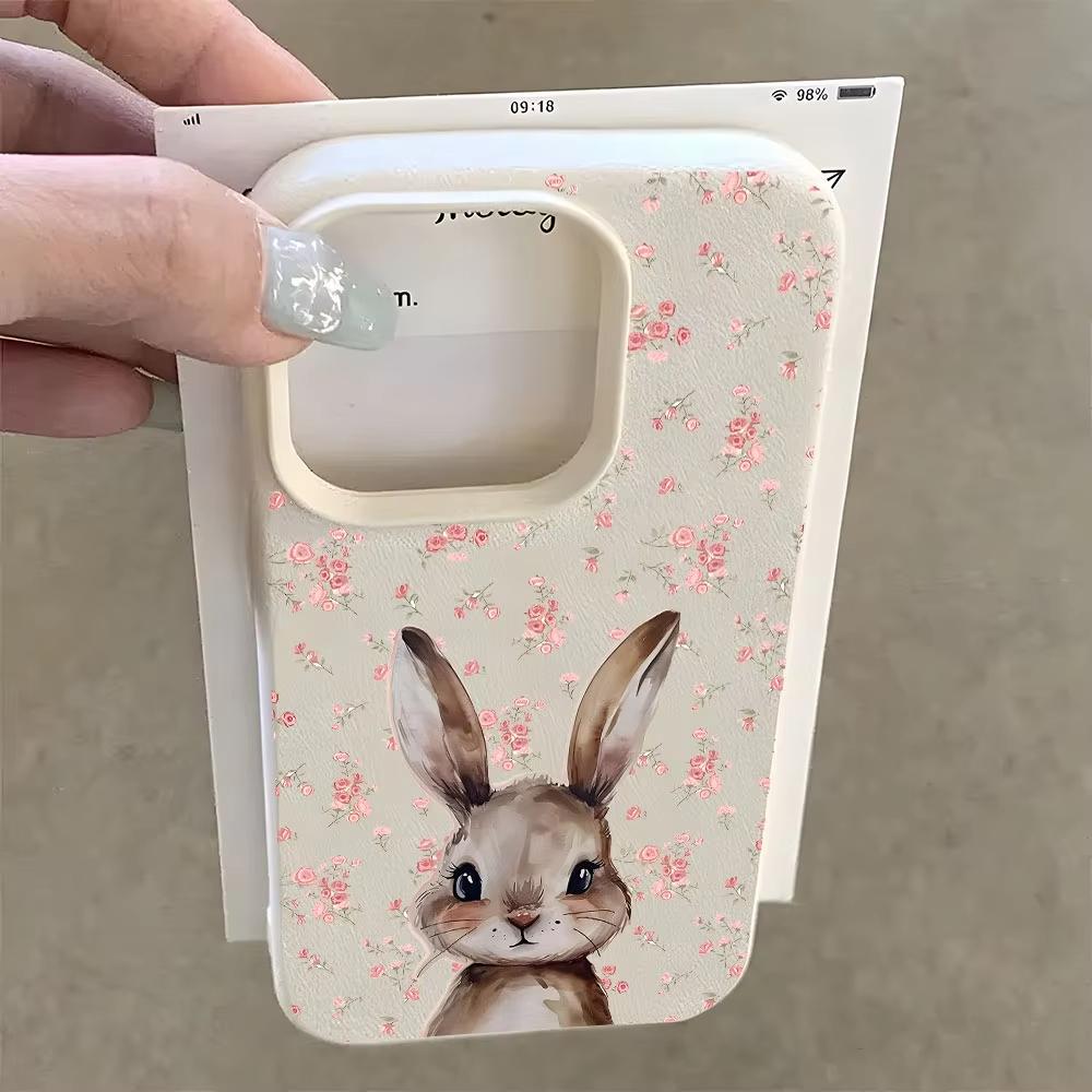 Cute Rabbit Pink Rose Pattern Lychee Soft Phone Case For iPhone 17 16 15 14 13 12 11 Pro Max 17 Air X Xs XR 15 14 Plus Cover