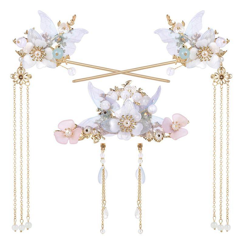 A95D-3PCS Camellia Flower Tassels Hairpin,Pearl Hair Clips Headpiece Retro Chinese Hanfu Wedding Brides Hair Accessories