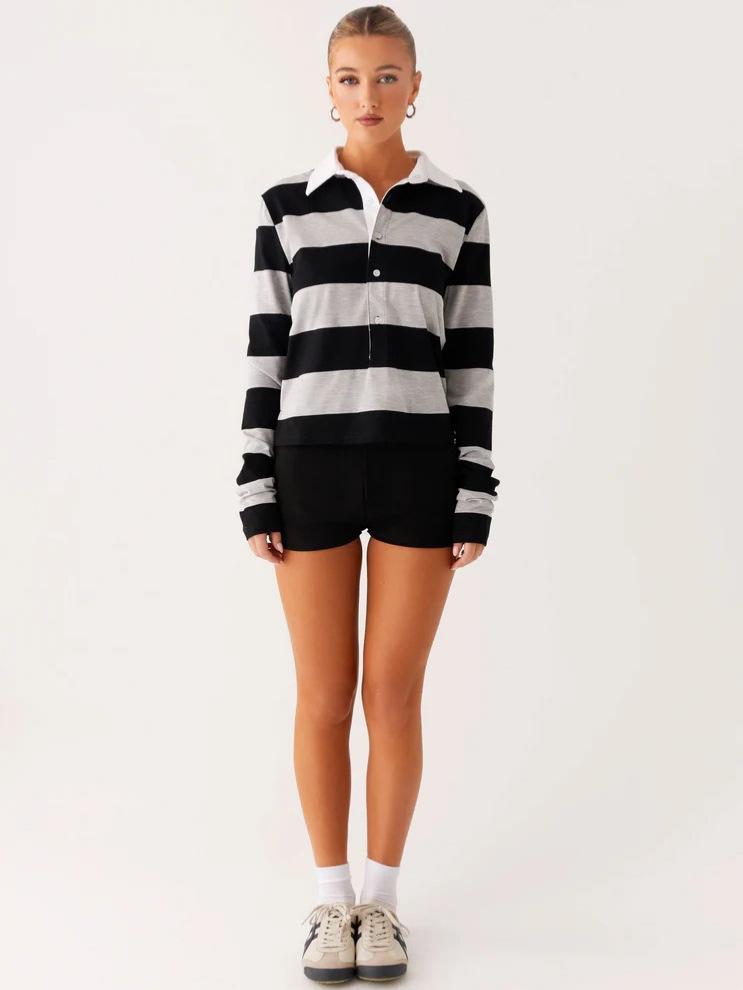 Autumn Striped Polo Top - Women's Versatile Long-Sleeve with Turn-Down Collar