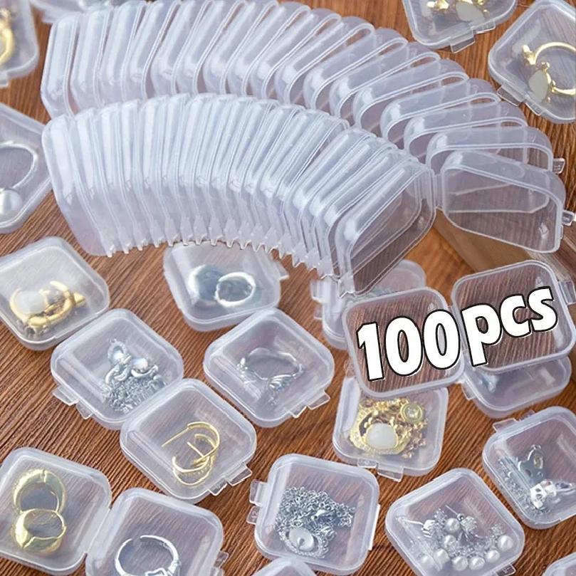 100 Stück Mini Quadratische Aufbewahrungsbox Transparenter Kunststoff Klappdeckel Kleines Etui Pillen Schmuck Ohrringe Staubdichte Aufbewahrung Packboxen
