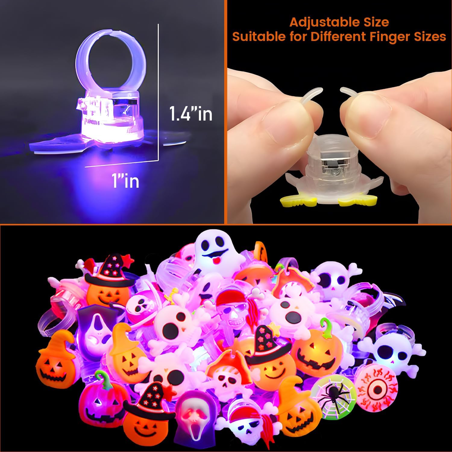 50pcs Halloween LED Rings, Halloween Party Favors Glow in the Dark Party Supplies, Light Up Rings Perfect for Trick or Treat Gifts