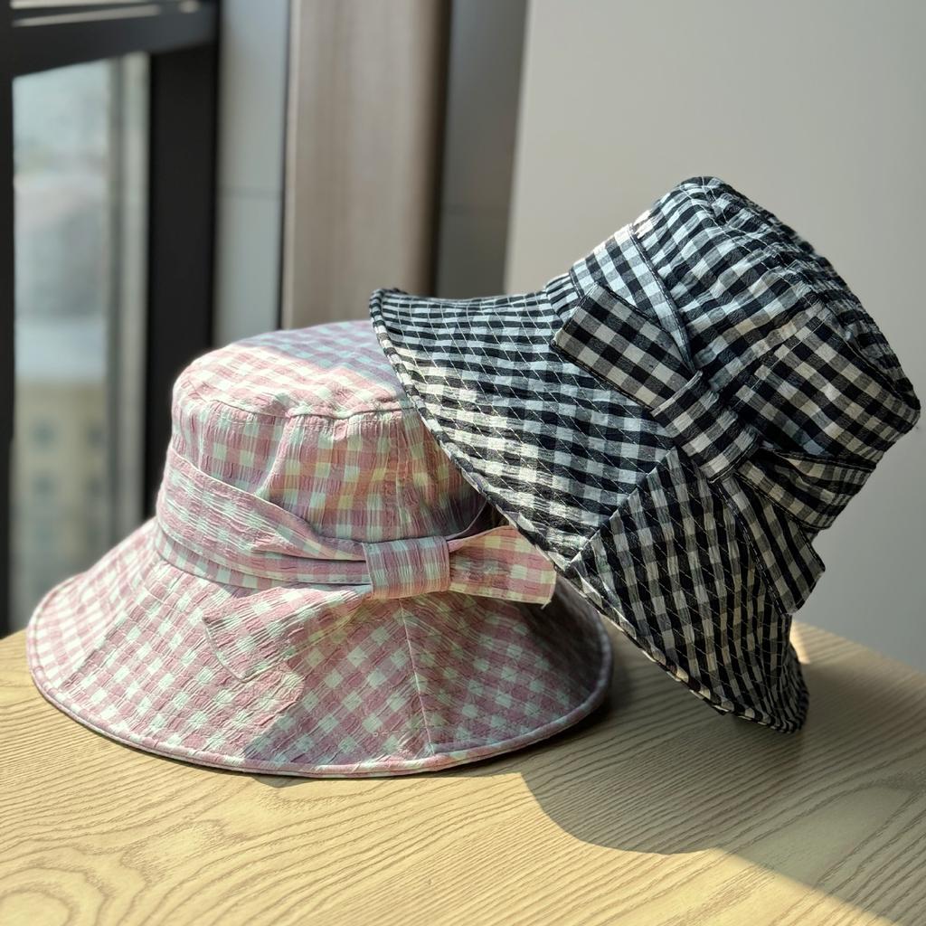New Korean-style plaid fisherman hat for women, spring and summer, large brim, makes the face look smaller, floral pattern, sun protection hat